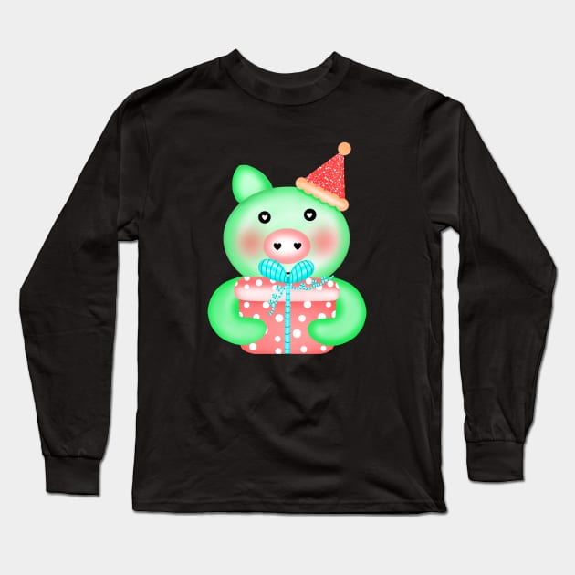 Cute pig with gift box Long Sleeve T-Shirt by Onanong art design shop.